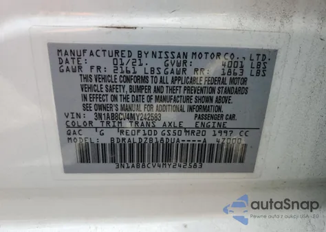2021 Nissan Sentra Sv from USA, damaged, VIN 3N1AB8CV4MY242583